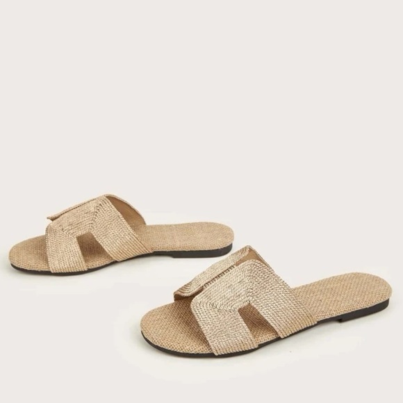 Neutral tan with metallic tint woven Cut Out Open Toe H Slide Sandals, Flats - Picture 4 of 4